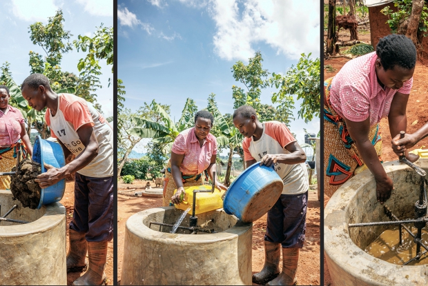 Biodigesters use cow dung to produce biogas through a process called anaerobic digestion. This process breaks down organic waste in the absence of oxygen to create methane, carbon dioxide, and water. Biogas has many advantages, including being a renewable energy source, reducing pollution, and creating organic fertilizer. &copy; CARE / Jjumba Martin 2024.