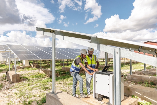 May 9th, 2024- Sheder Refugee Camp, Ethiopia. - Solar technicians inspecting the solar plant in Sheder refugee Camp, northeastern Fafan Zone in the Somali region of Ethiopia. The Ethiopia Petroleum and Energy Authority (PEA) granted the country's first commercial mini-grid license under its new mini-grid directive to Humanitarian Energy (HumEn), an Ethiopian private limited company founded by Mercy Corps, Rensys Engineering and Trading company to provide sustainable energy as a service to refugee and host communities, as well as humanitarian agencies in Ethiopia. The license allows HumEn to deploy and commercially operate a 253 kW solar PV mini-grid to service the refugee and host communities of Sheder town. Ethiopia is home to an estimated 4.7 million forcibly displaced persons, yet only 7% of these people have access to energy. HumEn is committed to finding new ideas and ways to work together to provide clean, long-lasting energy services in the Somali region of Ethiopia and across the country.