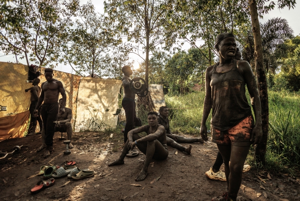 Behing the curtains/ backstage where the fighters relax  before  and after the going to the ring. - Soft ground wrestling Uganda