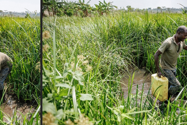 Gistavi collects water from a nearby swamp for use in the biodigester. His family is a beneficiary of CARE's biodigester program. In a biodigester, water serves as the medium in which bacteria break down the cow dung, allowing the decomposition process to occur, facilitating biogas production and leaving behind a treated wastewater that can be reused for irrigation.