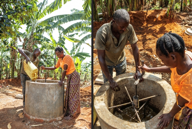 With the help of her husband, Jackline mixes cow dung with water in a pit to make biogas.