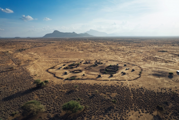 An aerial view of  a typical homestead  in Korr, Marsabit county, Kenya. Their compounds are made of multiple semi-spherical huts, known as "Manyattas," which can house about 120 people.