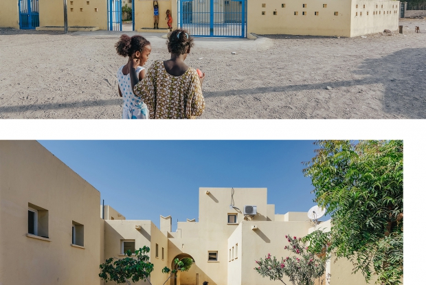 Exterior view of SOS Children&rsquo;s Village Tadjourah in Djibouti, a medina-style housing complex designed for extreme desert climate.