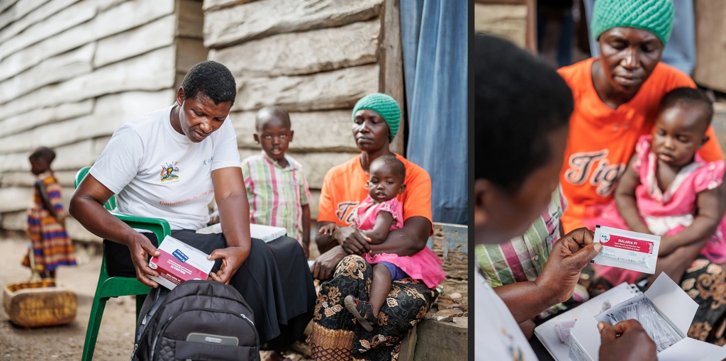 Judith engages with a mother during a home visit in Kalangala Islands, Uganda.  Kalangala District faces a significant malaria burden because of the abundance of mosquito breeding sites. Community Health Workers use malaria rapid diagnostic test kits to diagnose and treat malaria in communities like this, where access to formal healthcare is limited.