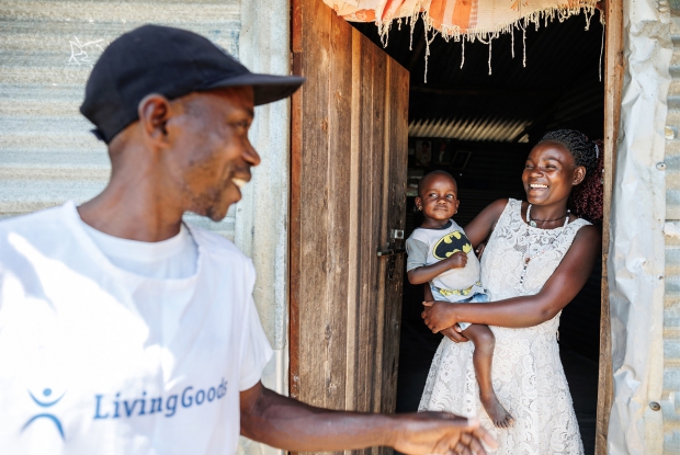 Nampijja, a mother and resident of Tubi-Kasekulo, Kalangala District, interacts with Kiiribwa Ronald, the area Community Health Worker who volunteers with Living Goods. These health workers help close the medical care gap among Lake side fishing villages on Lake Victoria through health education and home visits and treatment of malaria, diarrhoea and flu in children aged five and below.