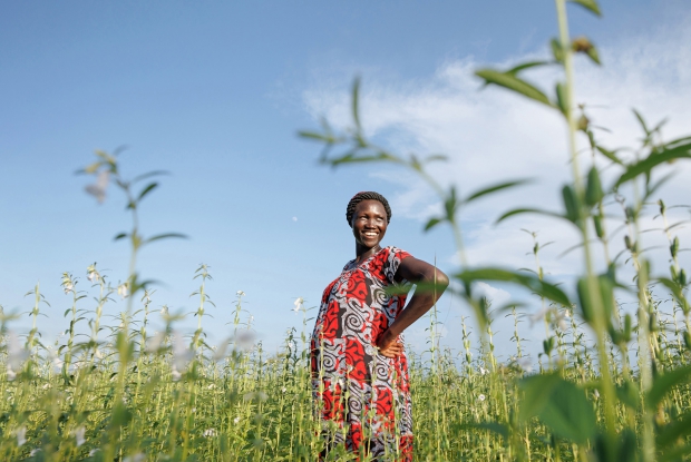 October 6th 2022- Bidi Bidi refugee settlement, Uganda. Rose stands in a vast simsim group garden. Their group is a beneficiary of the DREAMS program, through which they received financial support to set up the garden with two other colleagues. Their group rented 3.5 acres of land to plant simsim. &ldquo;The rains have been good, and we foresee a good reap. After this harvest, I don&rsquo;t think I will be the same!" Rose and her business associates are all refugees from South Sudan. Under DREAMS, all three women also received training in running an agribusiness enterprise and being able to earn from it.